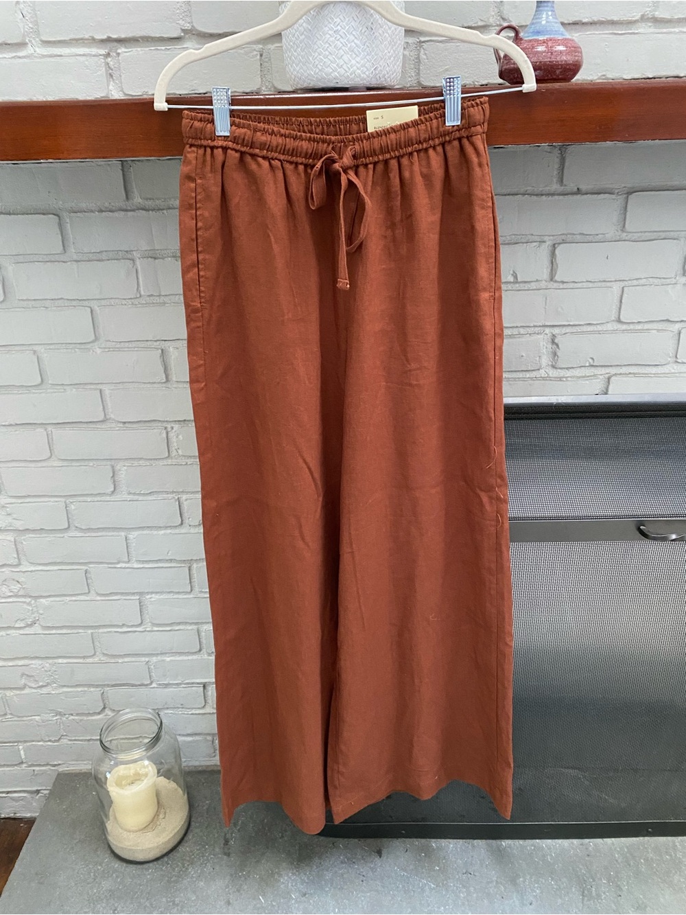 MAX STUDIO Rust Brown Elastic-Waist Linen Blend Wide Leg Trousers! 🍁